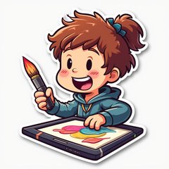 Cartoon tablet happily creating art with colorful graphics