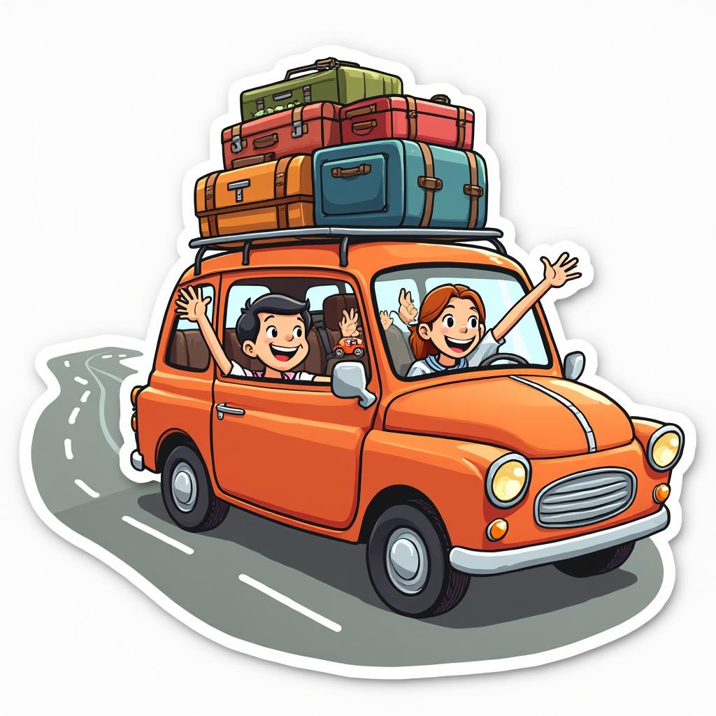 Cartoon family car filled with luggage and happy characters waving