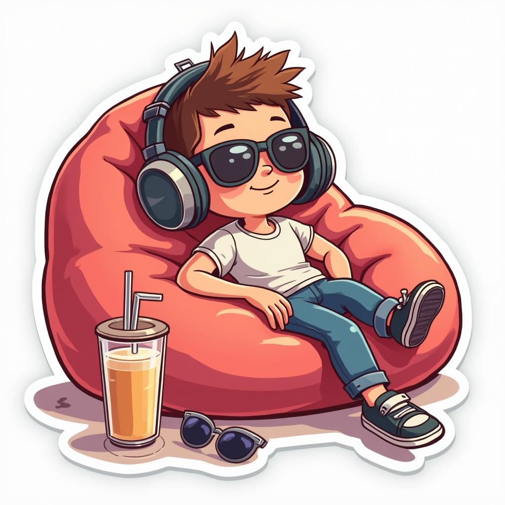 Cartoon headphones relaxing on a bean bag with sunglasses and a drink