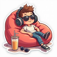 Cartoon headphones relaxing on a bean bag with sunglasses and a drink