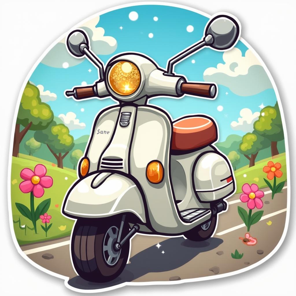 Kawaii scooter with big eyes speeding down a sunny street