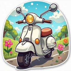 Kawaii scooter with big eyes speeding down a sunny street
