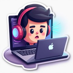 3D rendered headphones on a laptop with a focused expression
