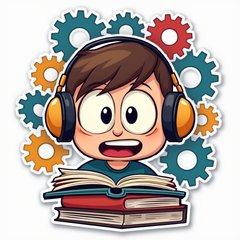 Cartoon headphones with big eyes, focused among gears and books