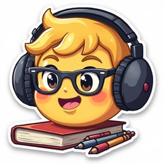 Emoji-style headphones with glasses and books, looking focused