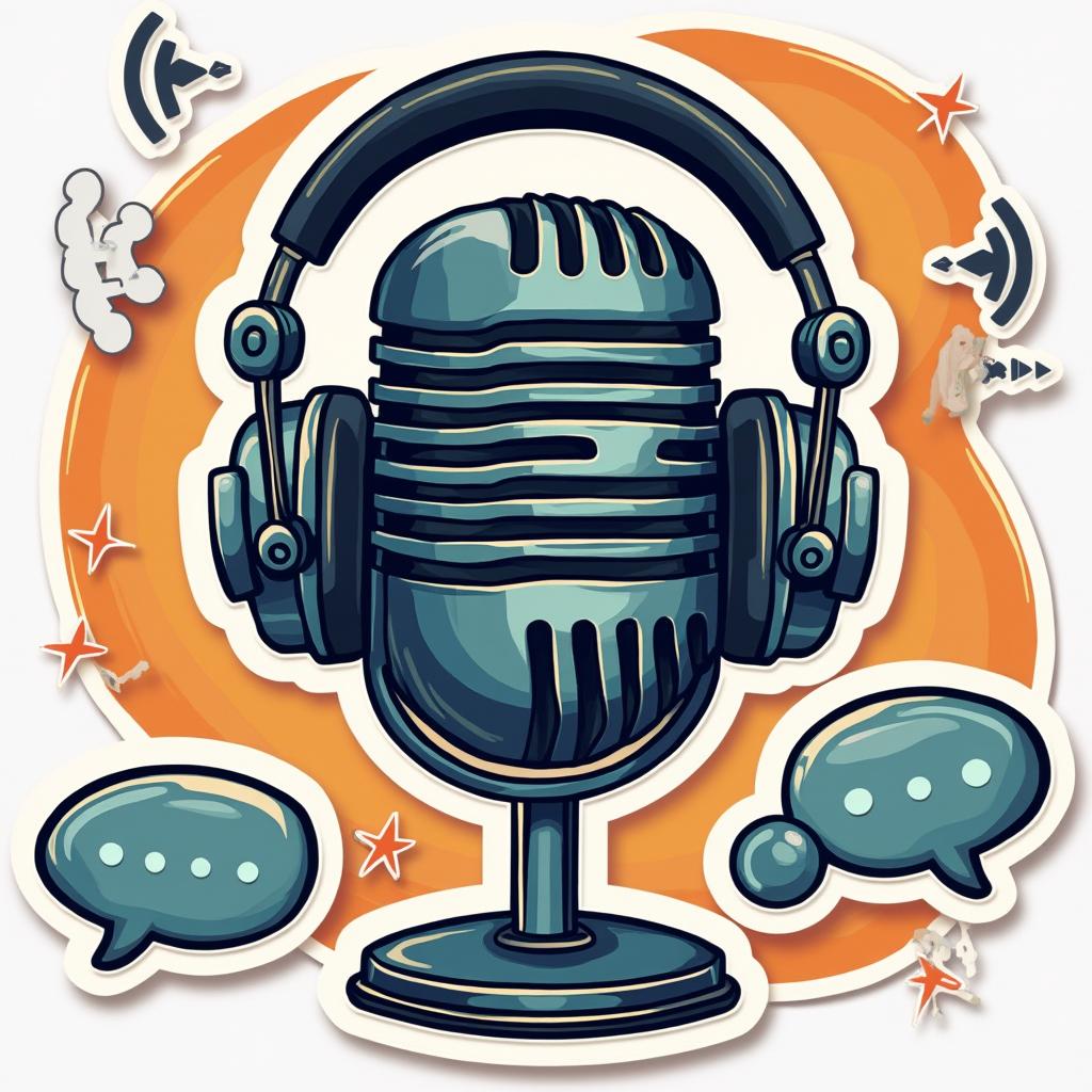 Pop culture microphone with headphones and podcast elements