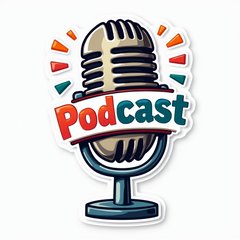 Emoji-style microphone with a podcast logo and sound waves