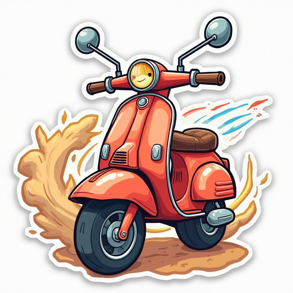 Cartoon scooter smiling while riding downhill with motion lines