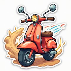 Cartoon scooter smiling while riding downhill with motion lines