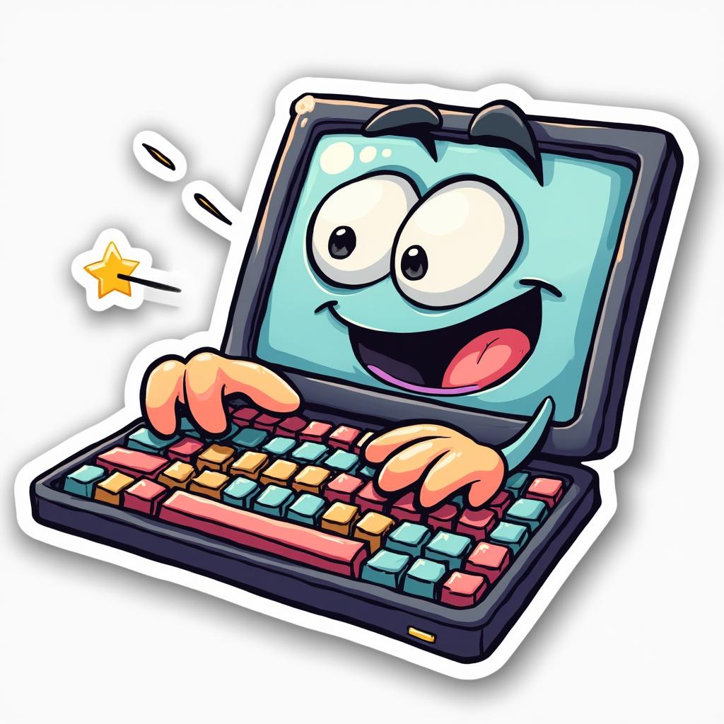 Cartoon keyboard with animated fingers typing energetically