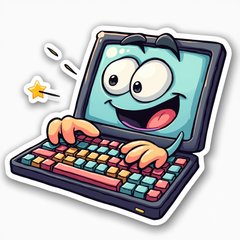 Cartoon keyboard with animated fingers typing energetically