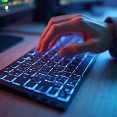 3D rendered sleek keyboard with glowing keys and a hand above
