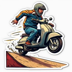Comic book style scooter jumping over a ramp with surprised rider