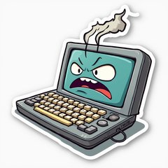 Cartoon keyboard with a frowning face and smoke indicating malfunction