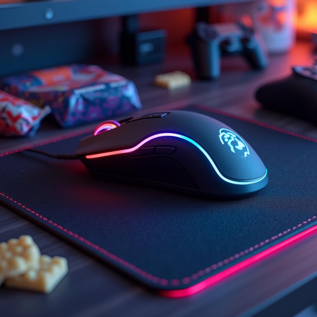 3D rendered mouse with RGB lights on a gaming mouse pad with controllers