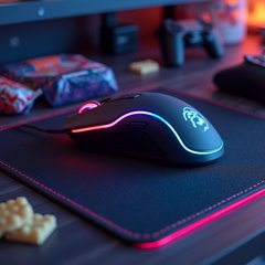 3D rendered mouse with RGB lights on a gaming mouse pad with controllers