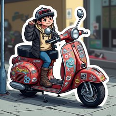 Pop culture scooter with trendy stickers parked next to a hipster