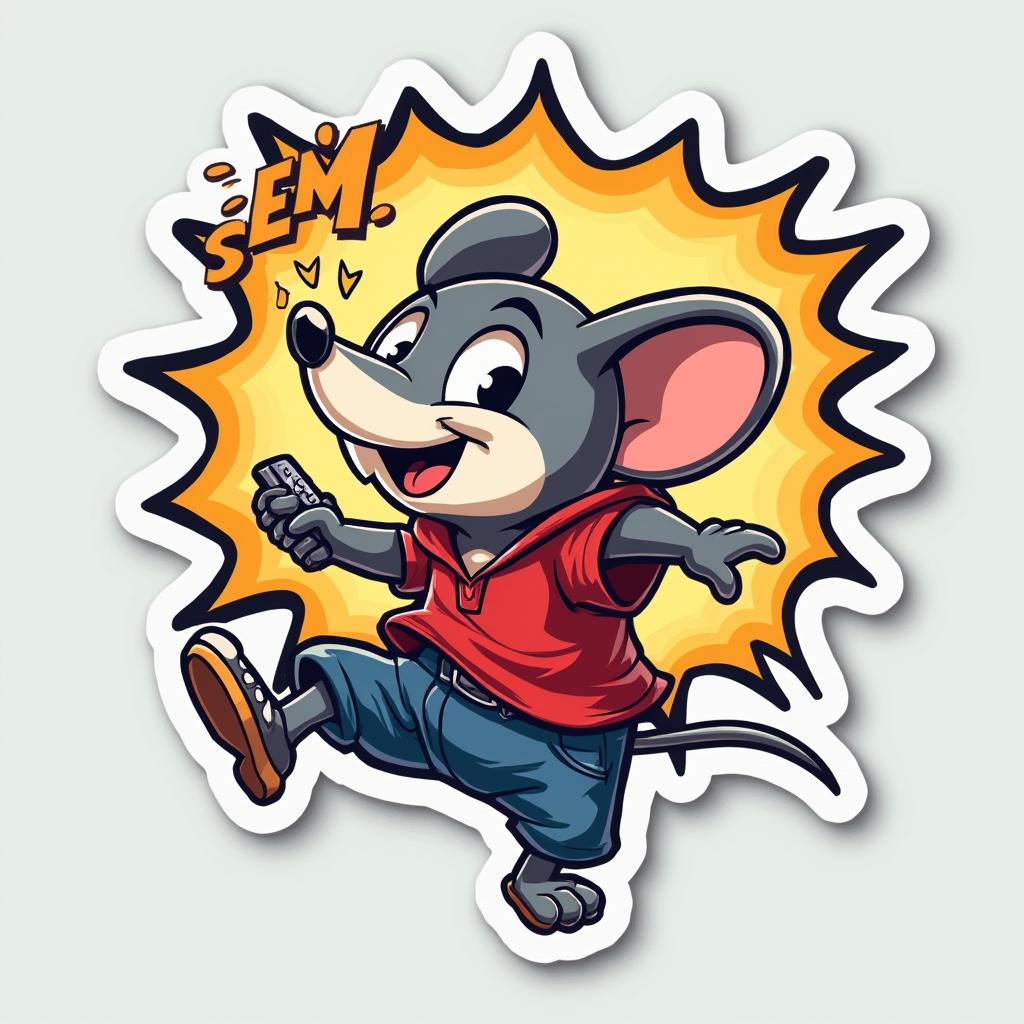 Comic book mouse jumping with a game controller and action words
