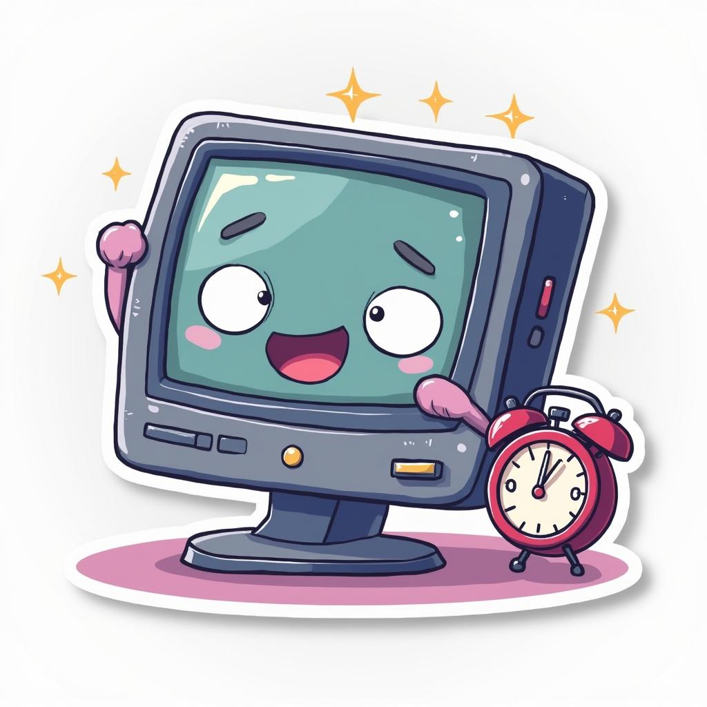 Kawaii monitor with sparkling eyes and clock looking stressed