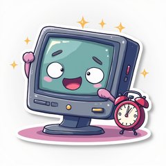 Kawaii monitor with sparkling eyes and clock looking stressed