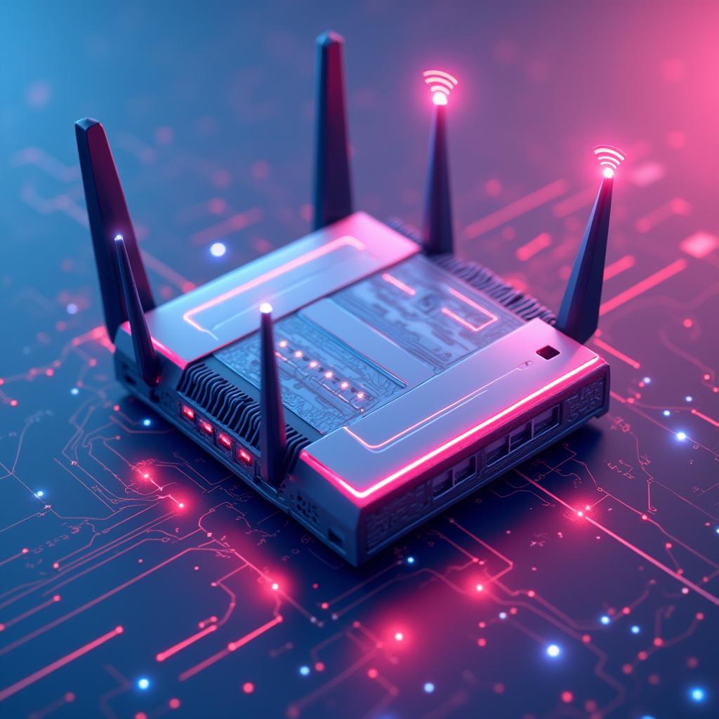 3D rendered sleek router with glowing lights and Wi-Fi waves