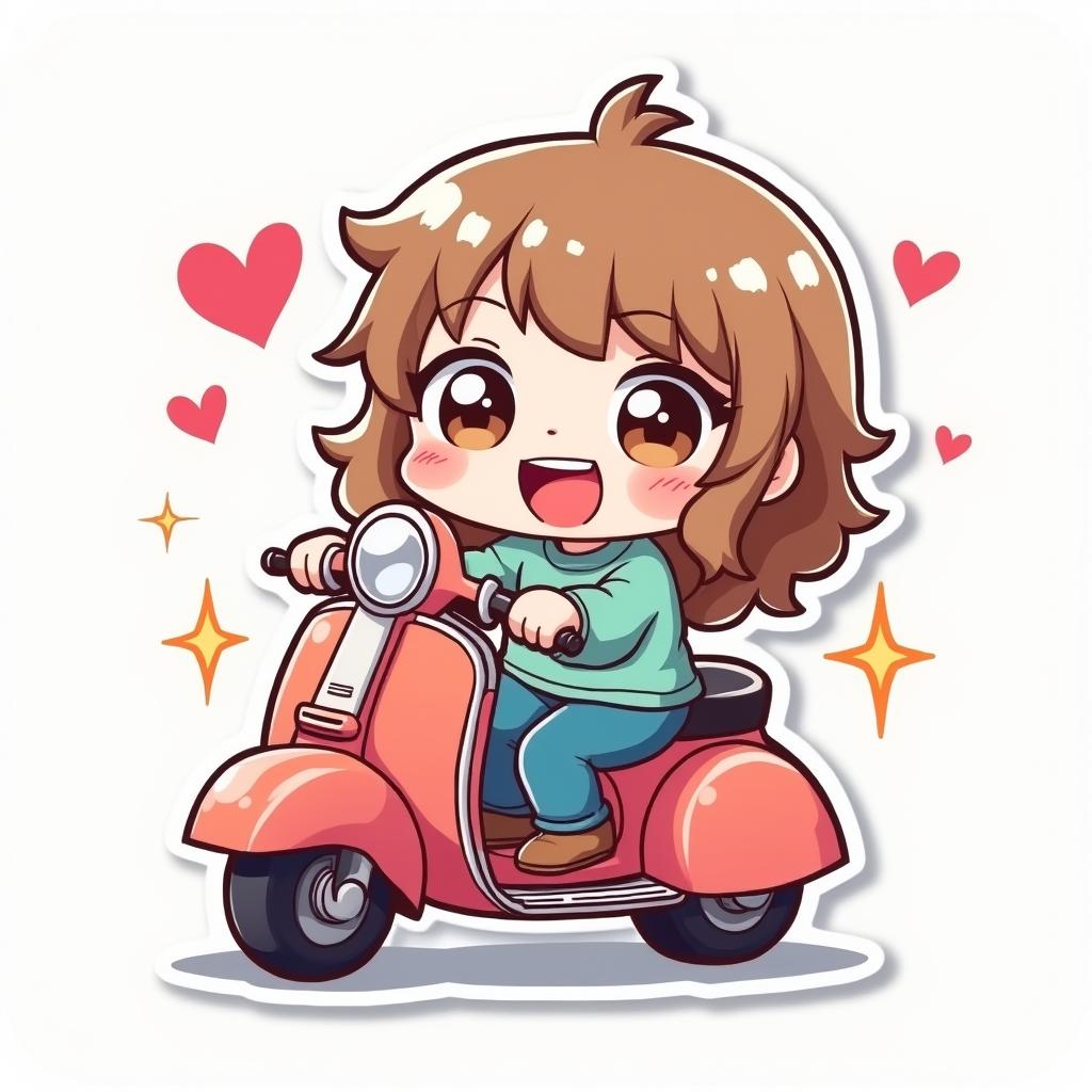 Chibi character happily riding a scooter with sparkles