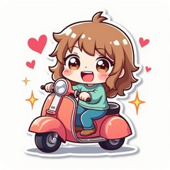 Chibi character happily riding a scooter with sparkles