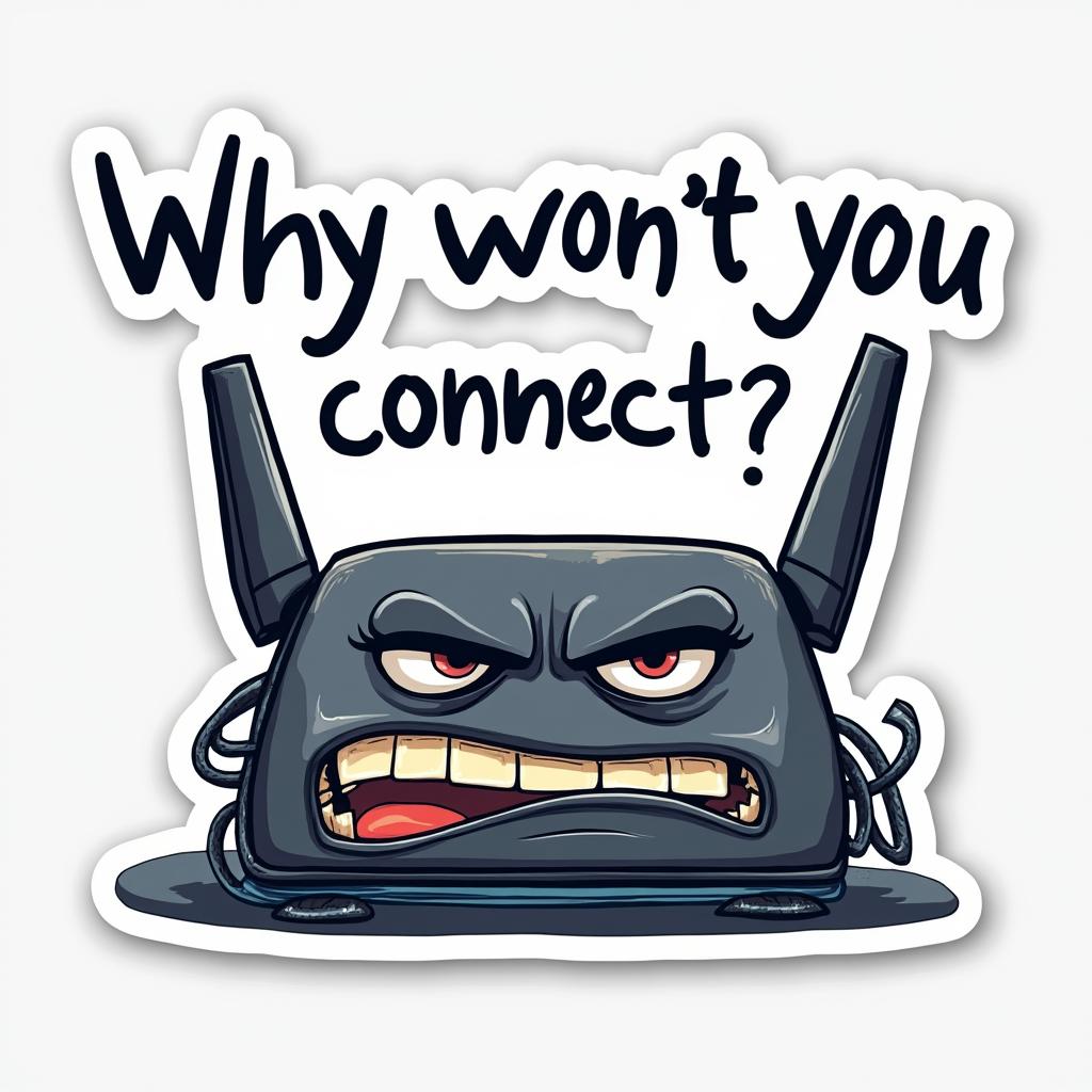 Meme-style distressed router with tangled wires and text about connection issues
