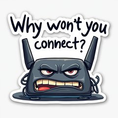 Meme-style distressed router with tangled wires and text about connection issues