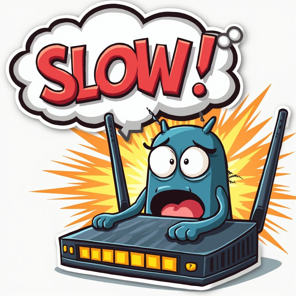 Comic book router character looking frustrated with speech bubbles about slow internet