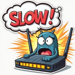 Comic book router character looking frustrated with speech bubbles about slow internet