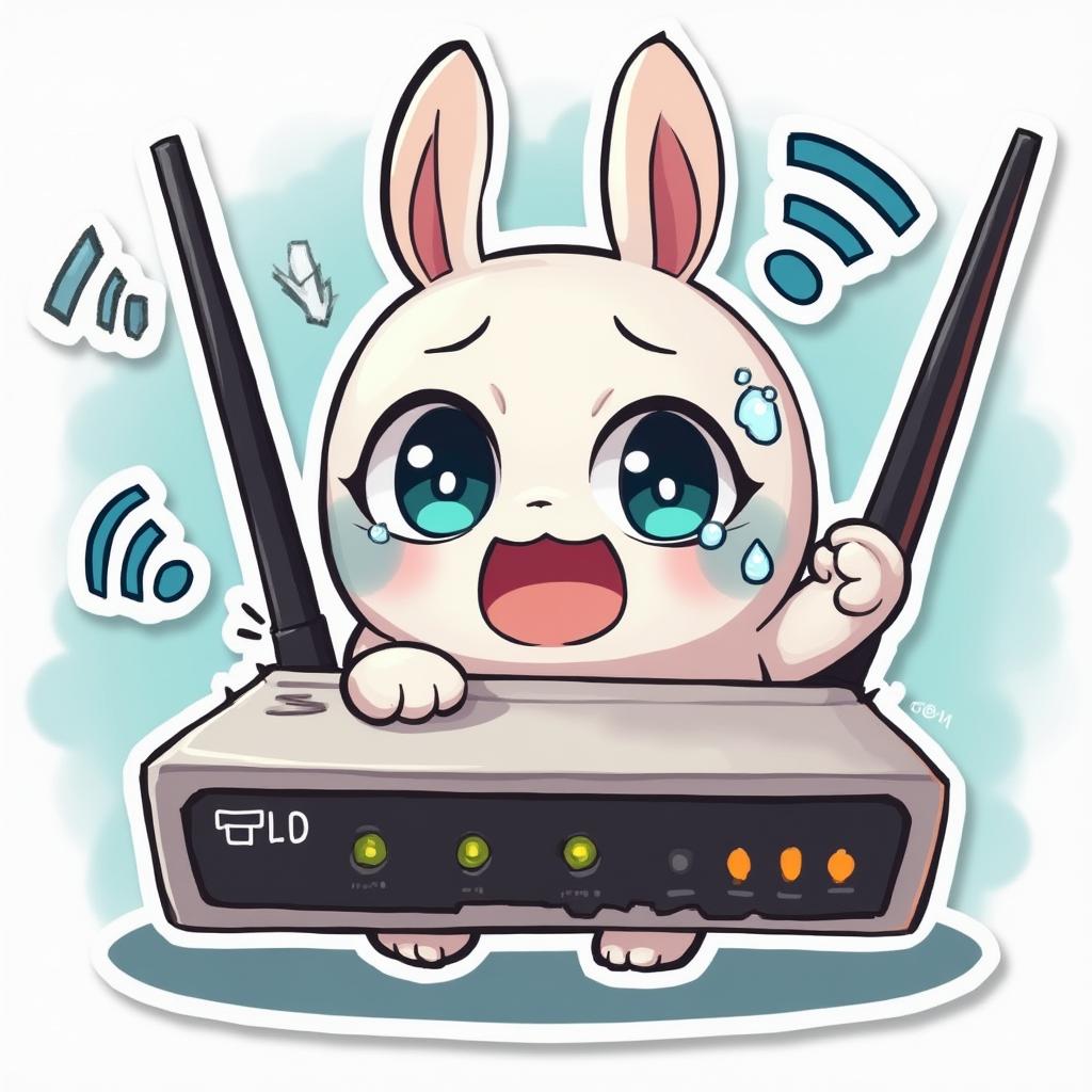 Anime-style router with teary eyes and broken Wi-Fi signals
