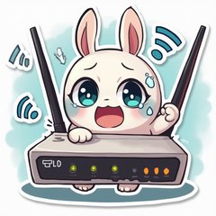 Anime-style router with teary eyes and broken Wi-Fi signals