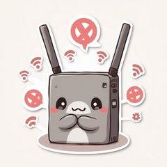 Chibi router with pouty face and 'no signal' icons around it
