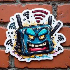 Graffiti-style router with angry face and colorful Wi-Fi symbols