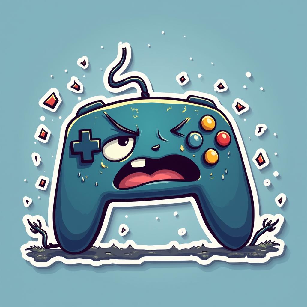 Cartoon game controller looking frustrated with sweat drops and broken pixels