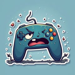 Cartoon game controller looking frustrated with sweat drops and broken pixels
