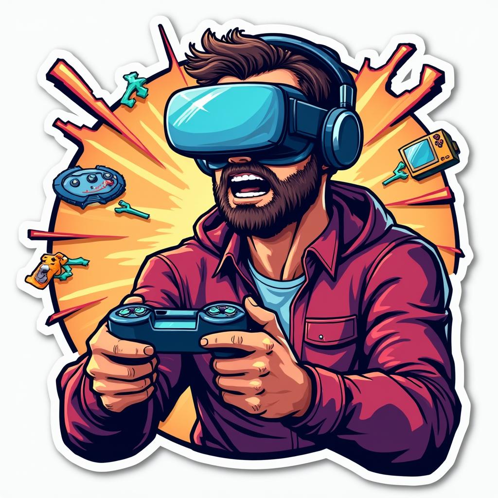 Gamer in VR headset focused with controller and game icons around