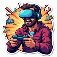 Gamer in VR headset focused with controller and game icons around