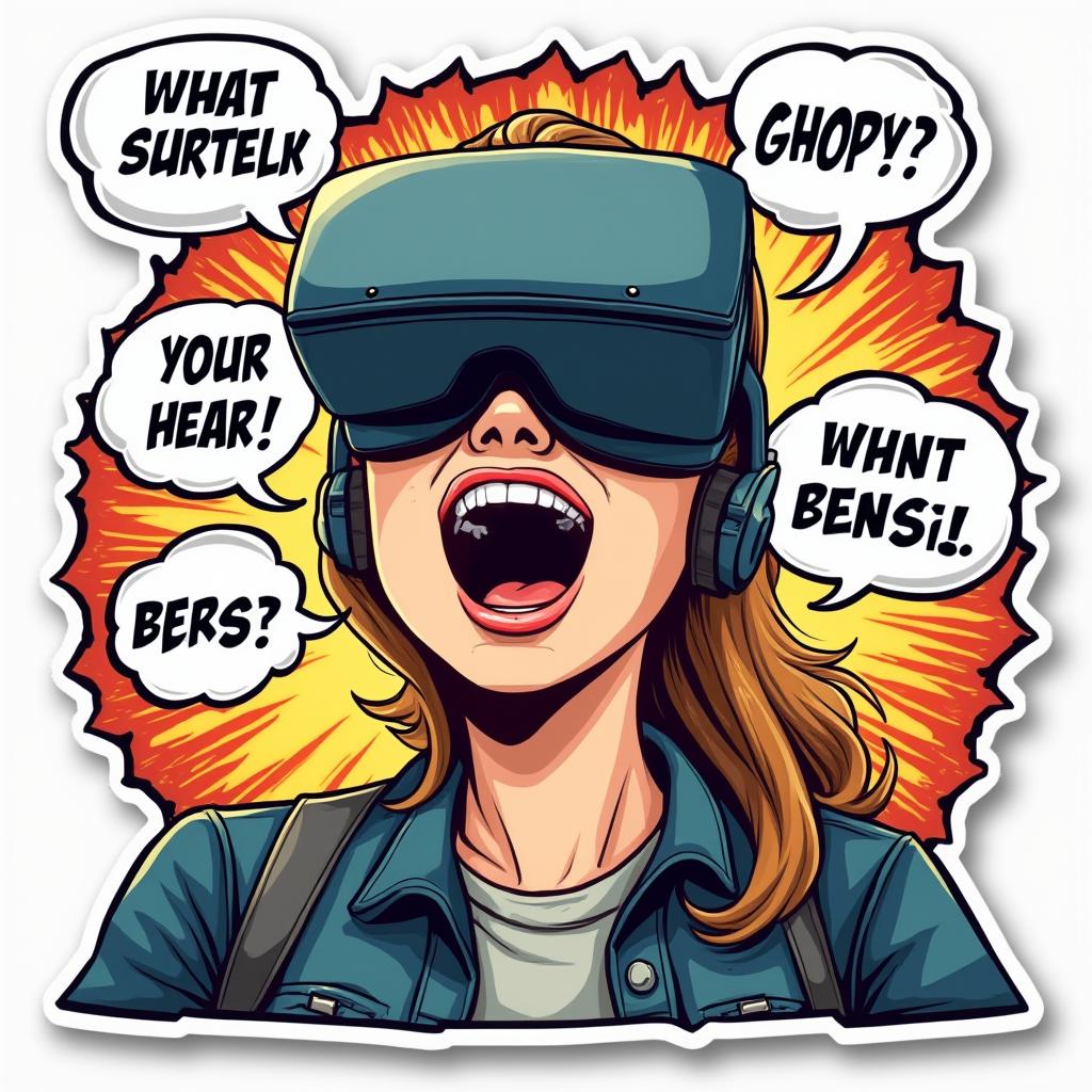 Comic book character in VR headset with speech bubbles and dynamic background