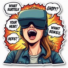 Comic book character in VR headset with speech bubbles and dynamic background