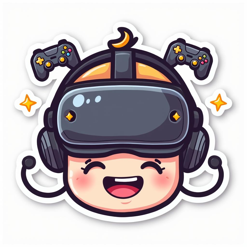 Emoji-style VR headset with happy face and gaming symbols