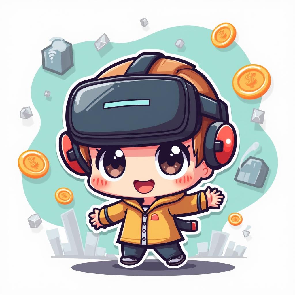 Chibi character with oversized VR headset and floating game elements