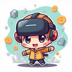 Chibi character with oversized VR headset and floating game elements
