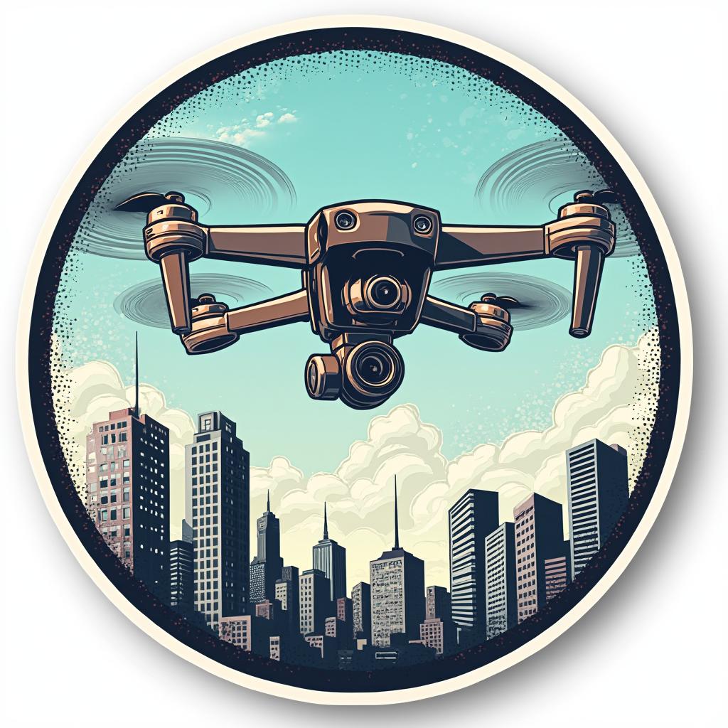 Comic book drone flying over a city, taking a photo