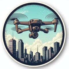 Comic book drone flying over a city, taking a photo