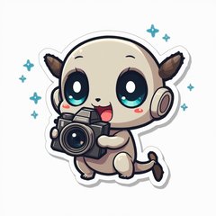 Chibi drone character holding a camera, looking excited