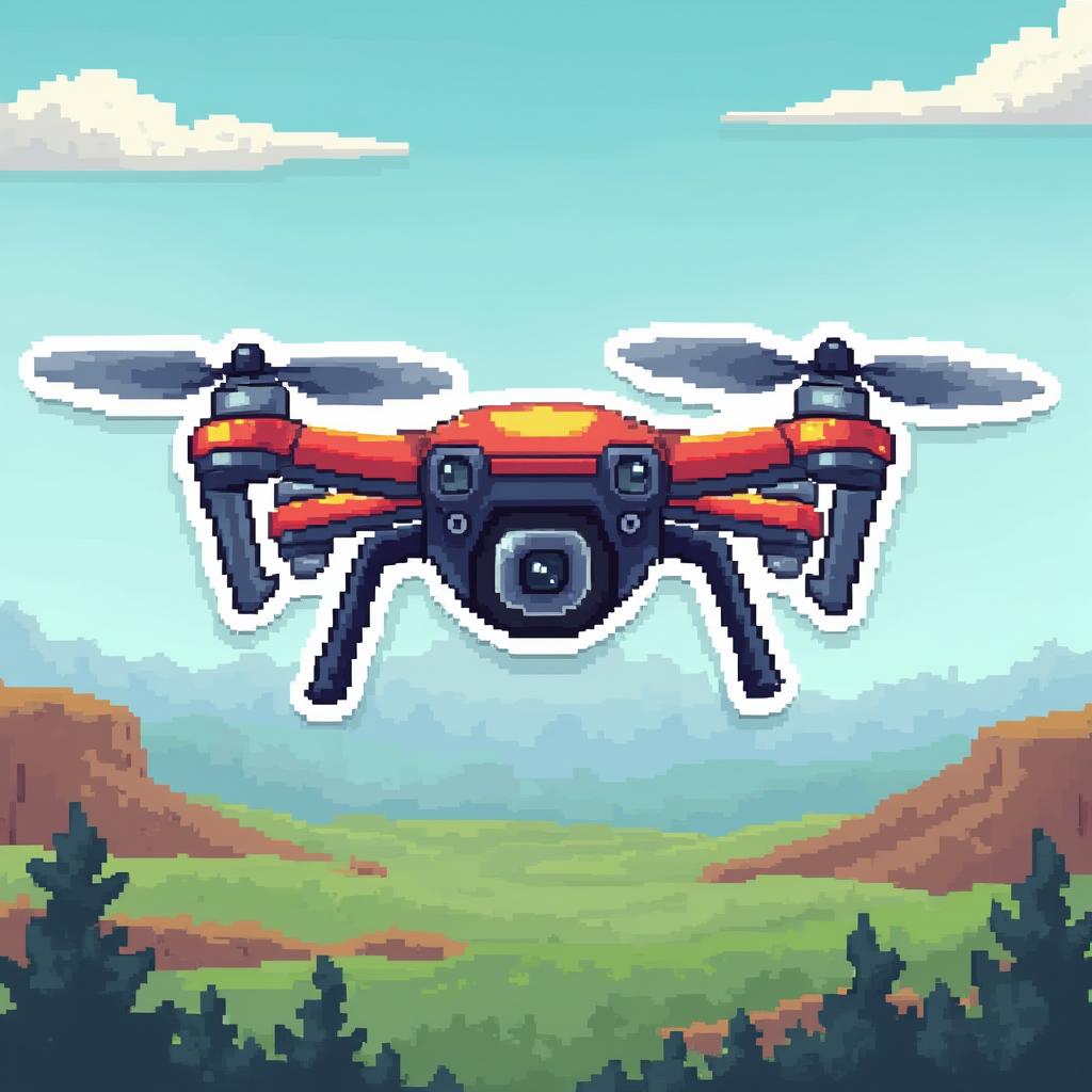 Pixel art drone flying over a pixelated landscape