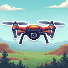 Pixel art drone flying over a pixelated landscape