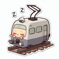 Chibi tram snoring on train tracks with Z's floating above